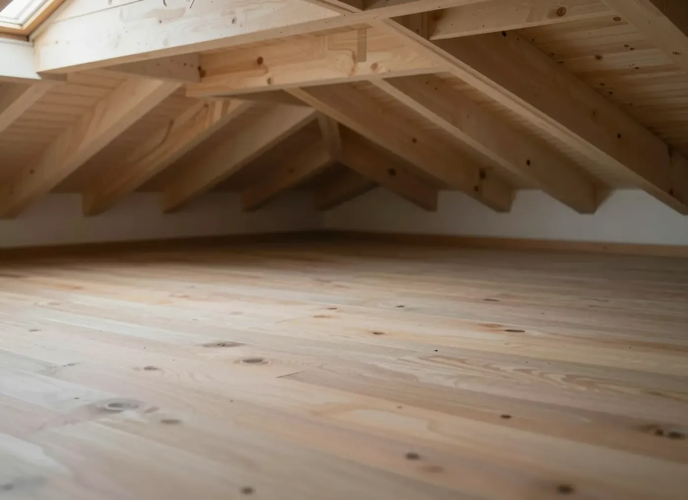 Alter Dachstuhl mit sichtbaren Holzbalken und Verbindungen