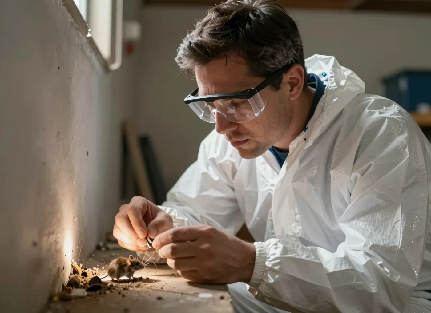Fachkraft untersucht eine Mauseintrittsstelle im Sockelbereich
