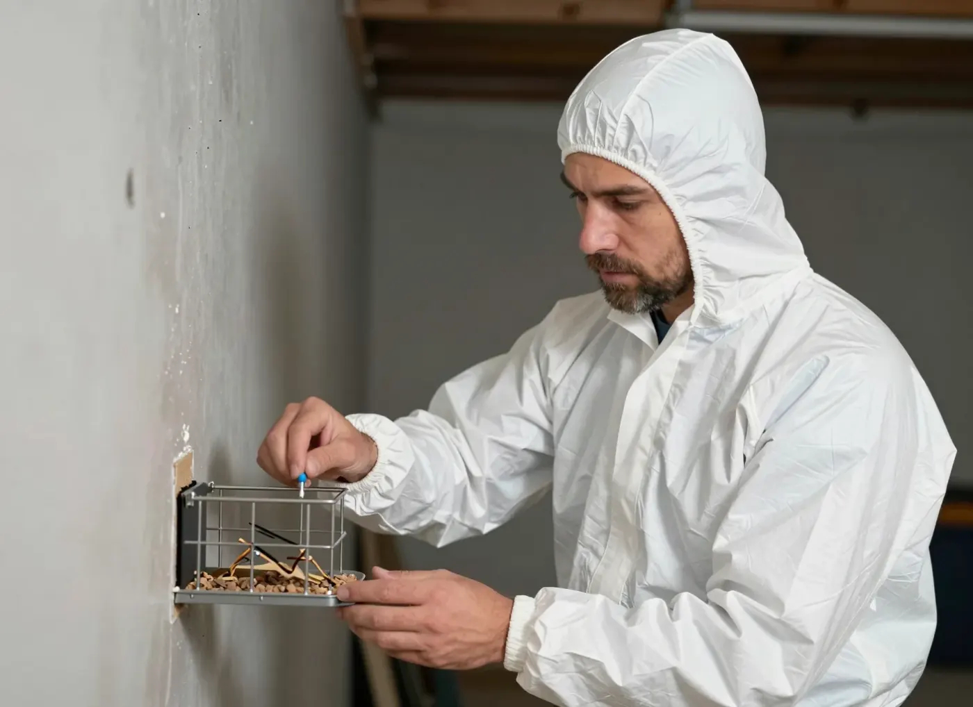 Gesicherte Köderstation wird im Keller an der Wand platziert