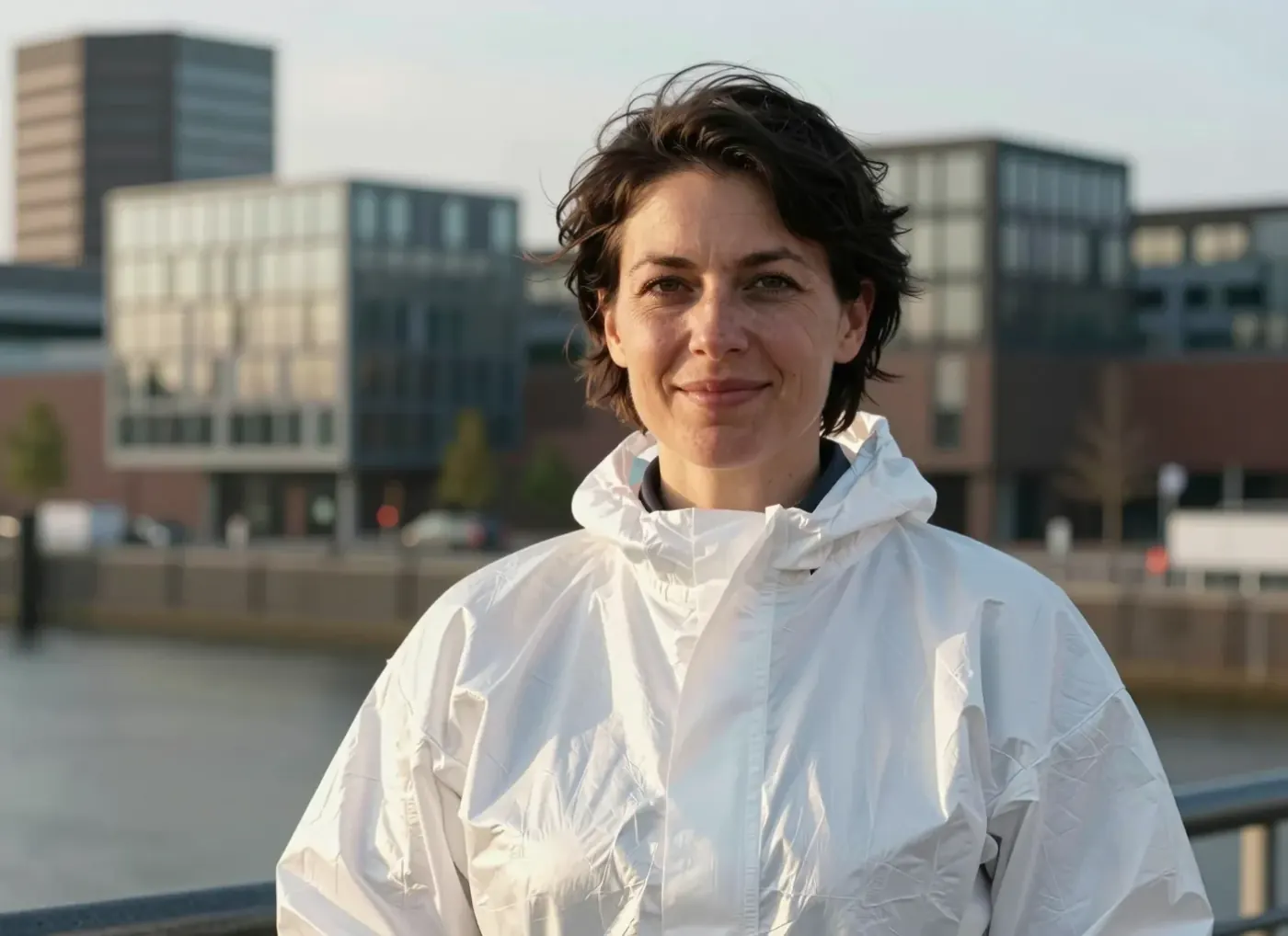 Fachkraft in Schutzanzug am Düsseldorfer Medienhafen