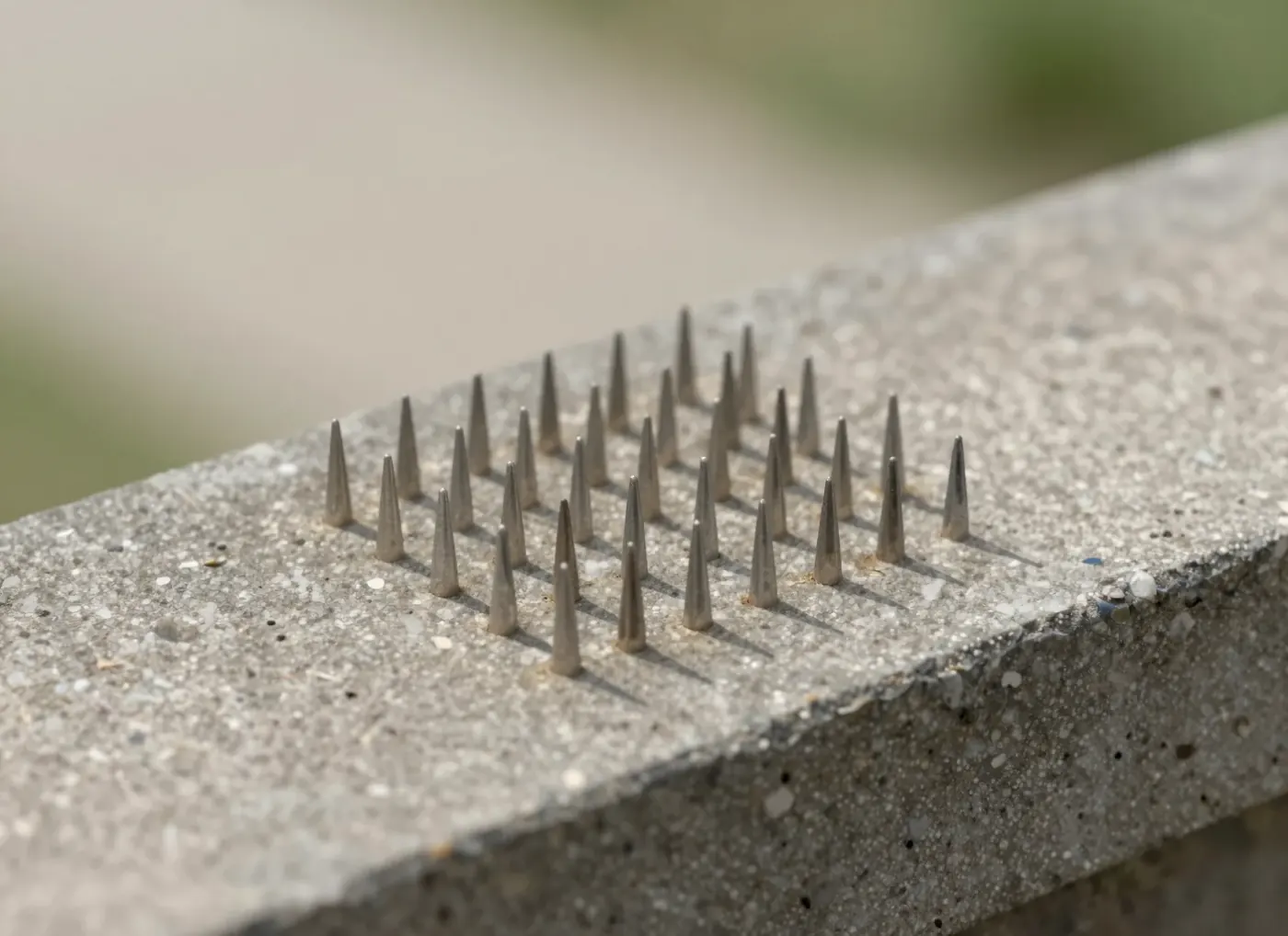 Aufgesetzte Taubenspikes auf einem Mauervorsprung aus der Nähe